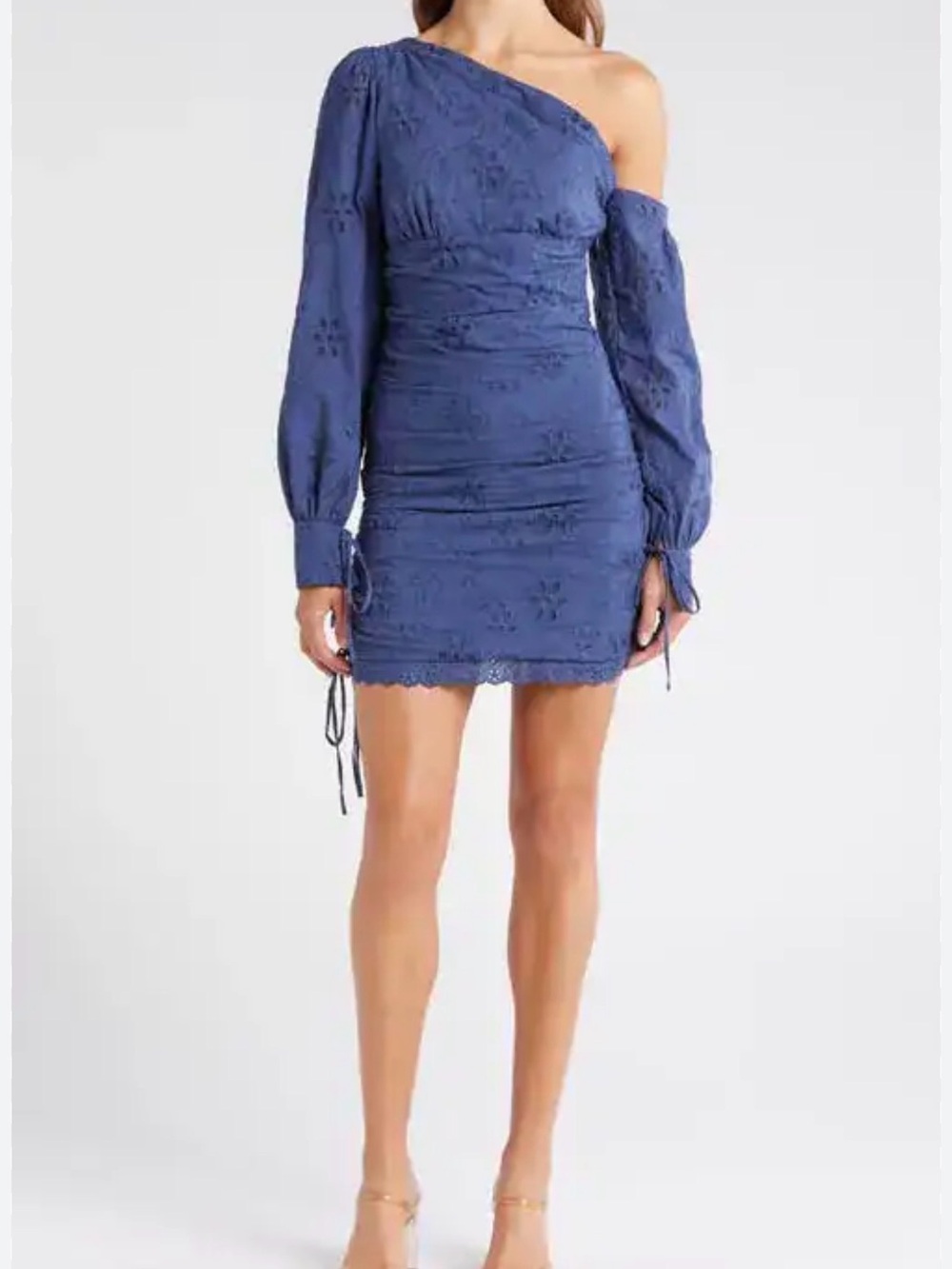 Blue One-Shoulder Lace Ruched Mini Dress
